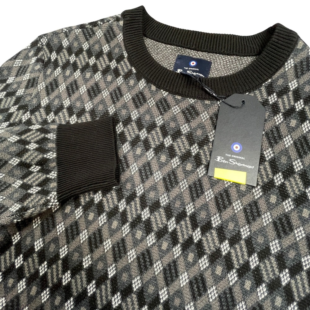 Ben Sherman Mens NWT Preppy Mod Indie Geometric Knit Crewneck Sweater Gray S